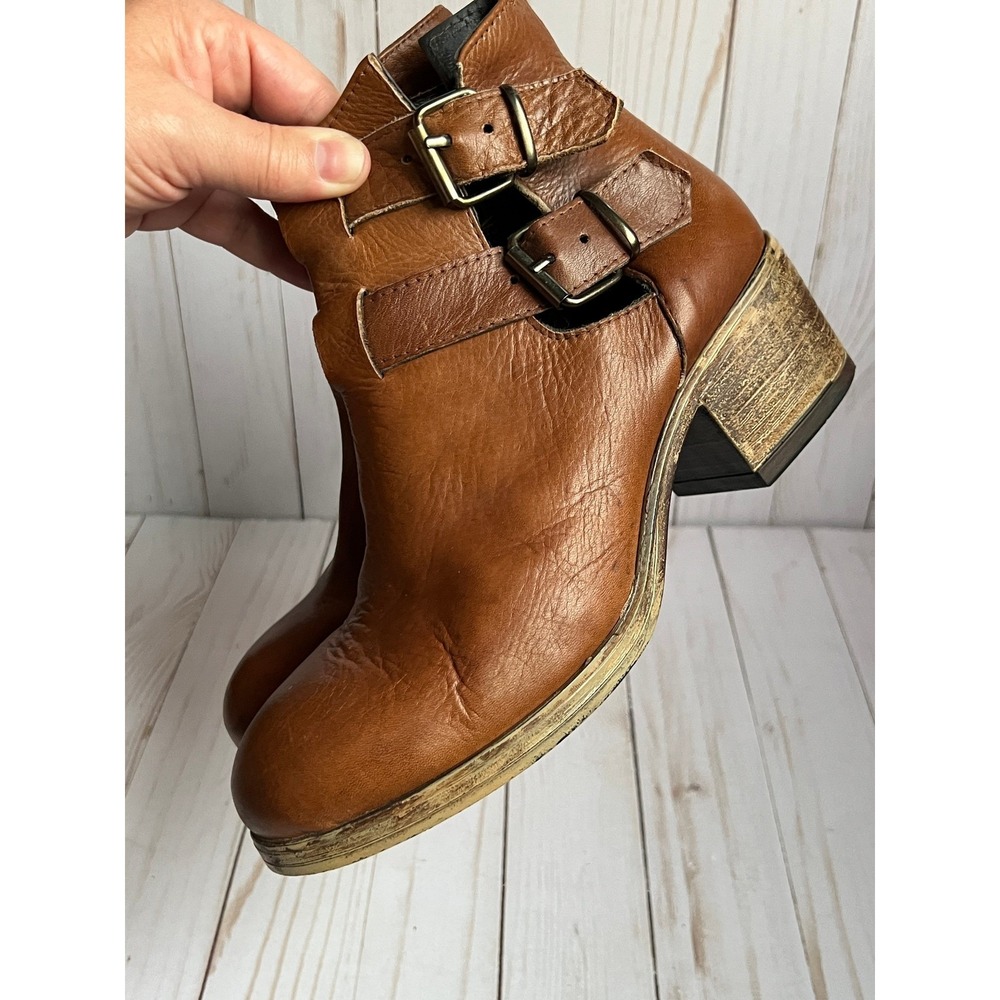 Bata Chunky Ankle Boots Women Brown Leather Buckle Cutout Made in Italy Size 39